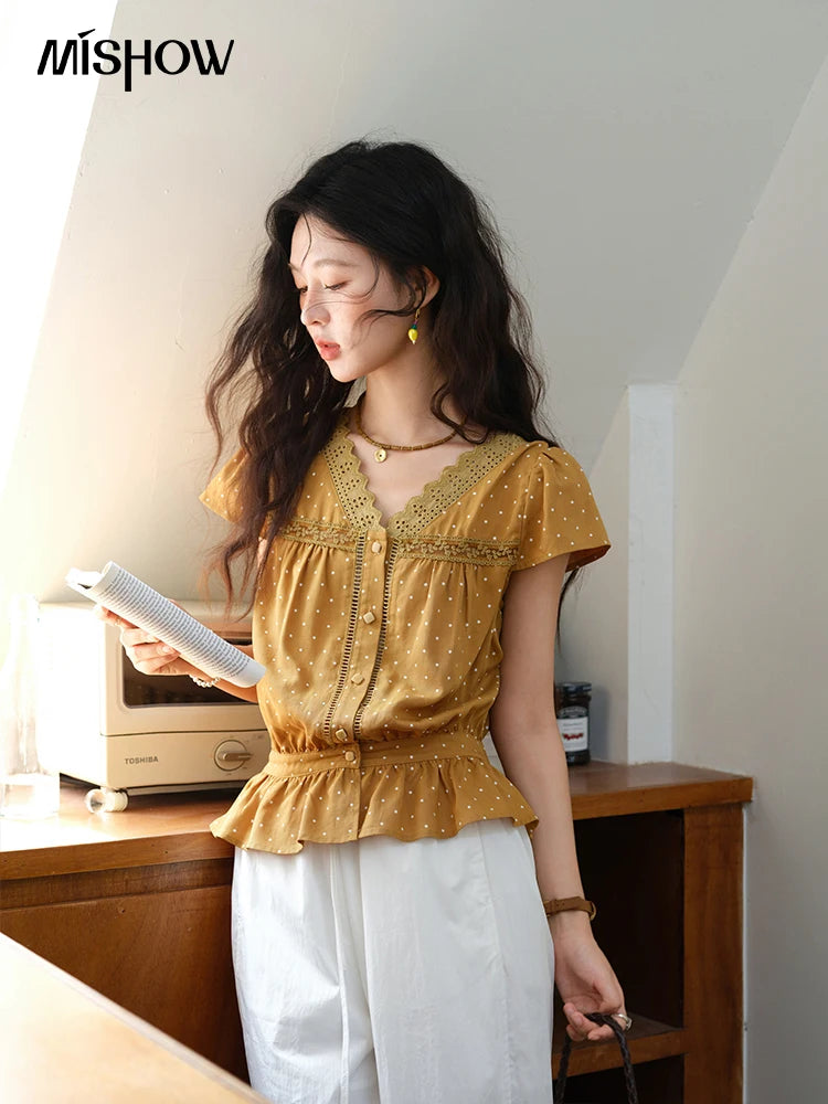 MISHOW Women's V-neck Lace Splicing Blouse 2025 Summer New Ladies Fashion Polka Dot Hollow Ruffle Button Female Top MXE38X1847