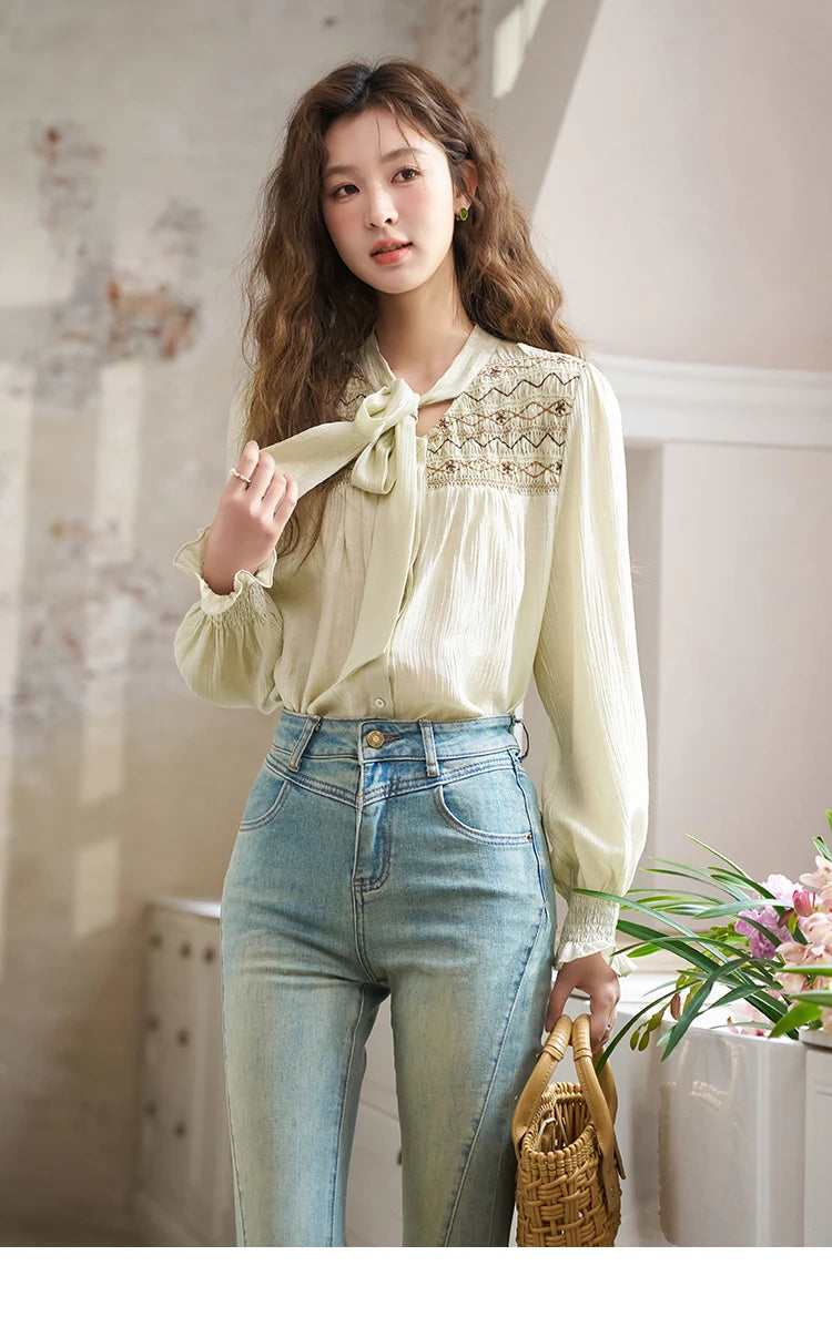 MISHOW Ribbon Collar Shirt for Women Autumn 2025 Sweet Cuffs Pleated Embroidered Petal Sleeve Loose Top Office Lady MXD14C0226