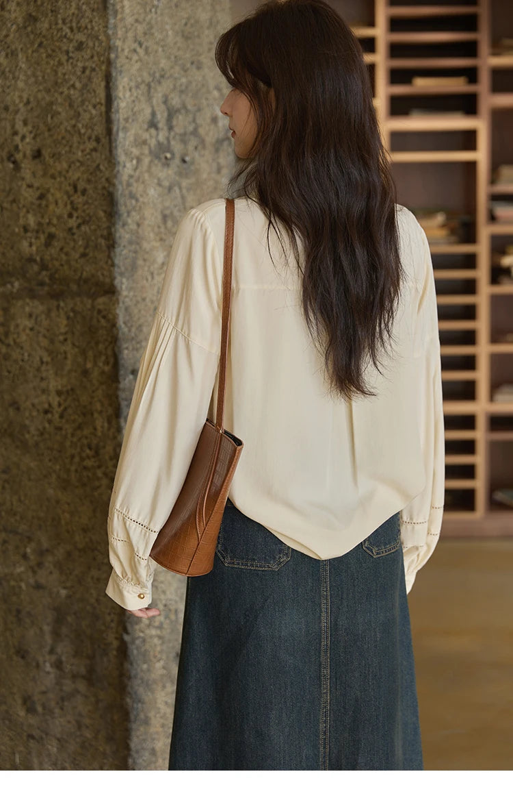 MISHOW Women's Shirt Lantern Sleeve Hollow Out Tops 2025 Autumn Single Breasted Solid Shirts Lapel Shirt Office Lady MXE41C2359