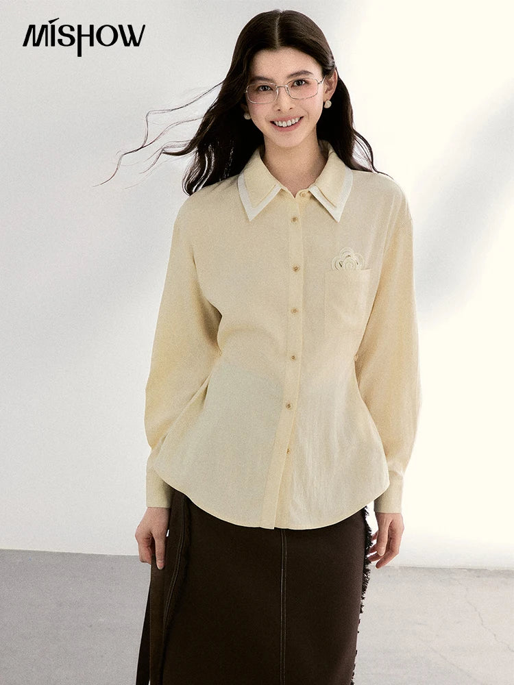MISHOW Women's Contrast Trim Lapel Collar Shirts 2026 Spring Floral Embroidery Pocket Decor Button Waist Casual Shirt MXF13C2440