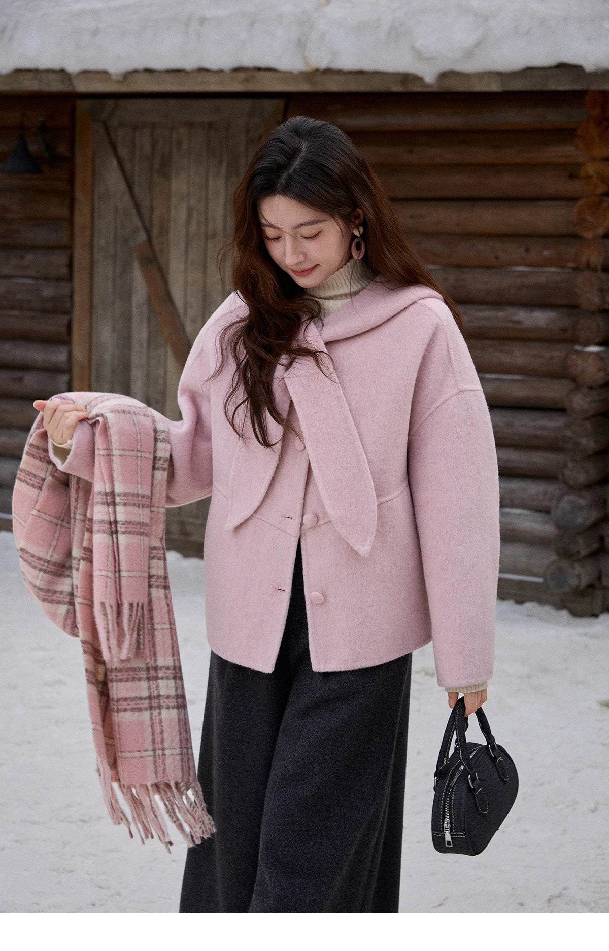 MISHOW Pink Wool Double-sided Woolen Coat Winter Hooded Bow Tie Strap Coats Loose Dropped Sleeves Coat Office Lady MXE91W1010