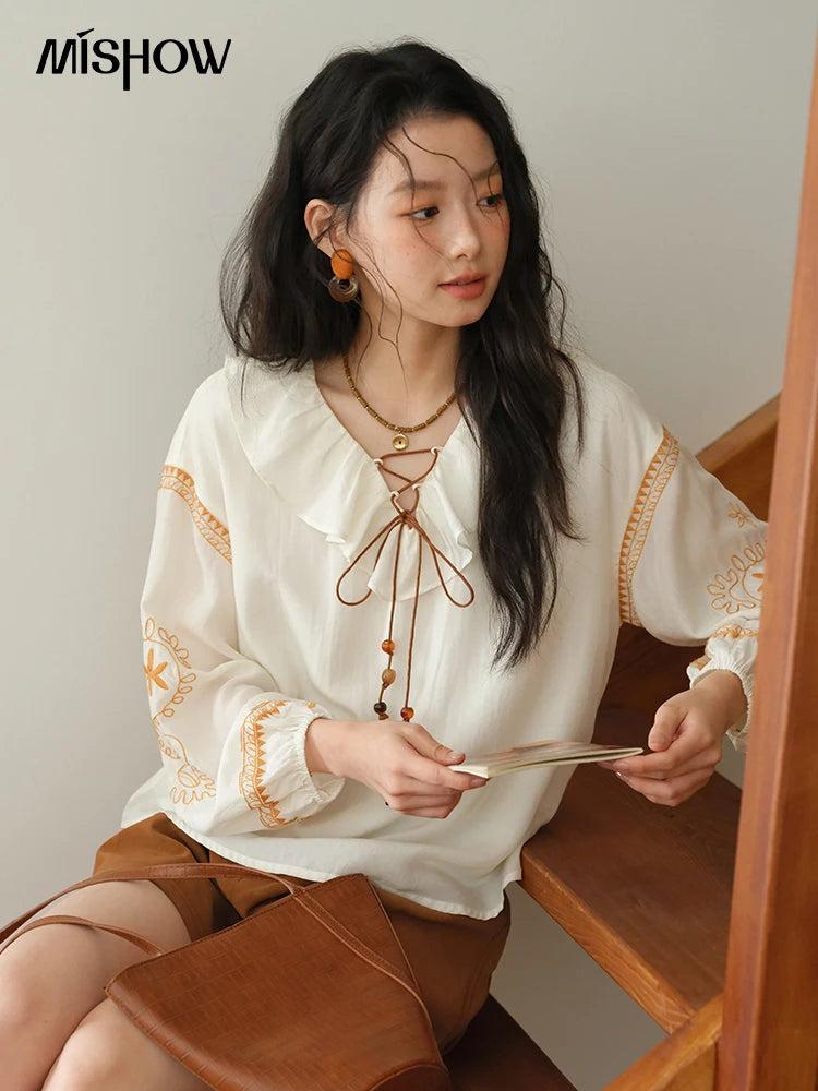 MISHOW Cashew Flower Embroidered Blouse Autumn 2025 Ruffle V-neck Lace Up Tops 100 Lyocell Lantern Sleeves Blouses MXE43X1987