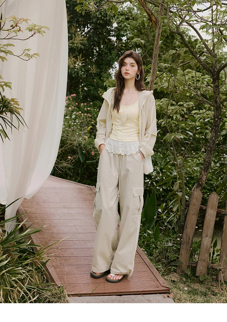 MISHOW Apricot Cargo Pants for Women in Summer 2025 Lace Patchwork Casual Pants Drawstring Elastic Waisted Trousers MXE33K0935