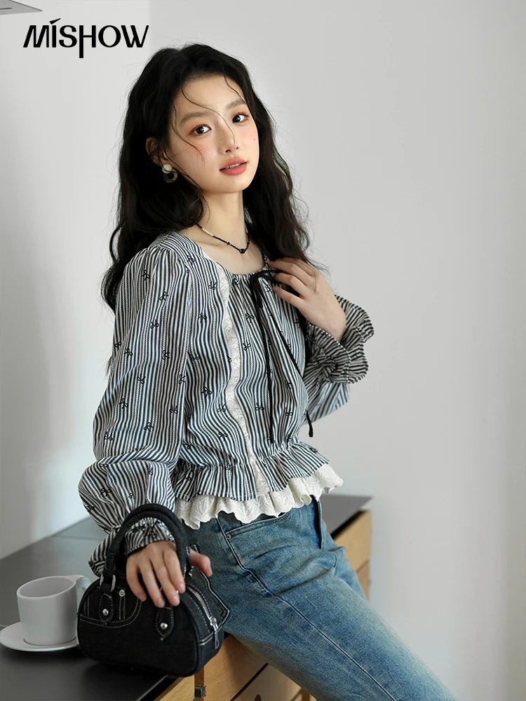 MISHOW Black Striped Blouses 2025 Autumn Lace-up Bow Round Collar Blouse Cotton Blend Hollowed Out Splicing Lace Top MXE41X1948