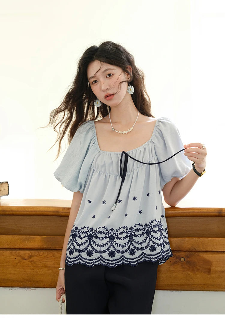 MISHOW Women's Summer Loose Print Blouse 2025 New Fashion Square Neck Lace Up Puff Sleeve Blue Blouse Female Clothing MXE36X1799