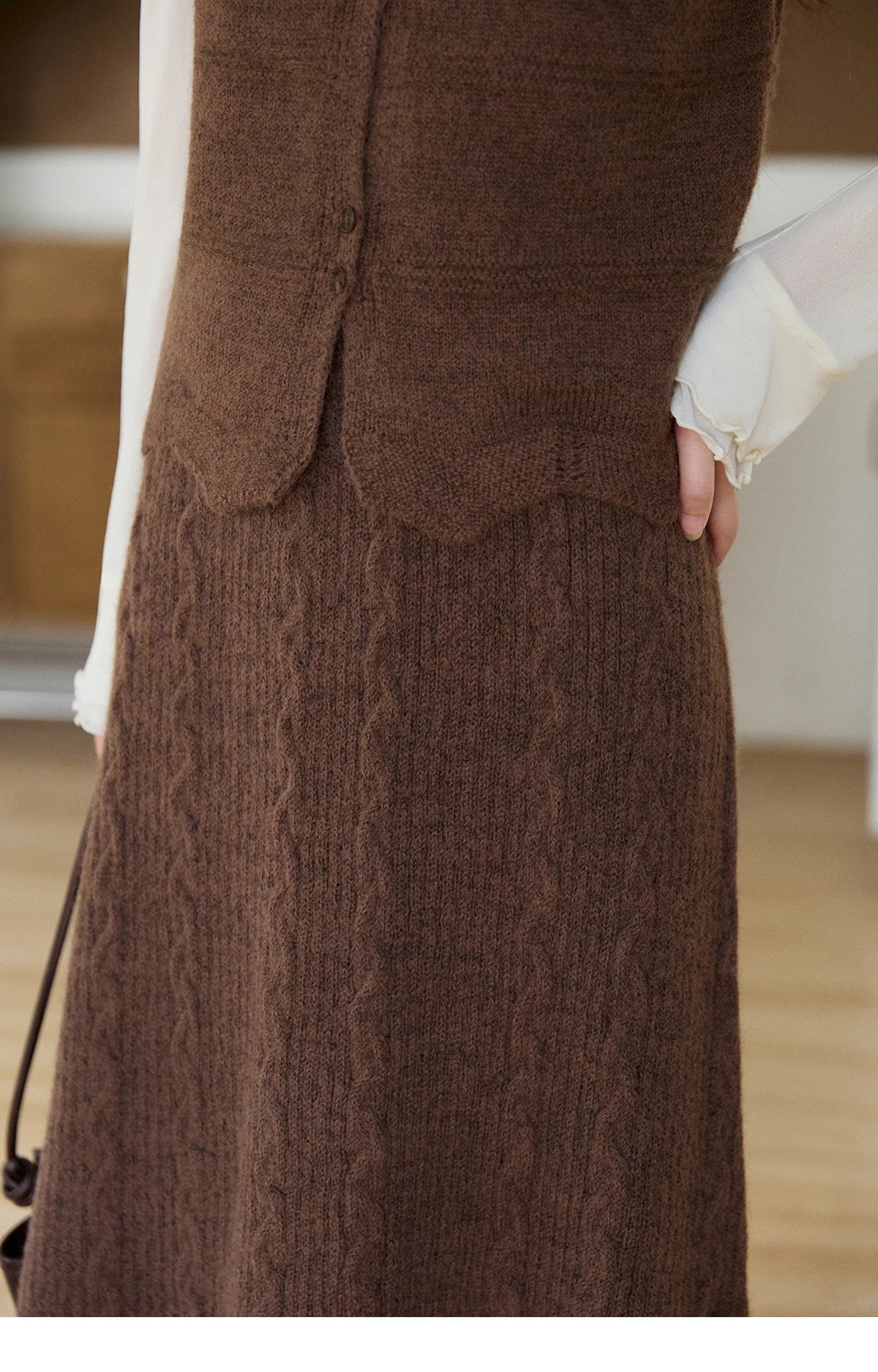 MISHOW Women's Brown Two-Piece Set 2026 Spring Knitted Vest V-Neck Cable Knit Maxi Skirt Casual Retro Warm Outfit MXF11T1460