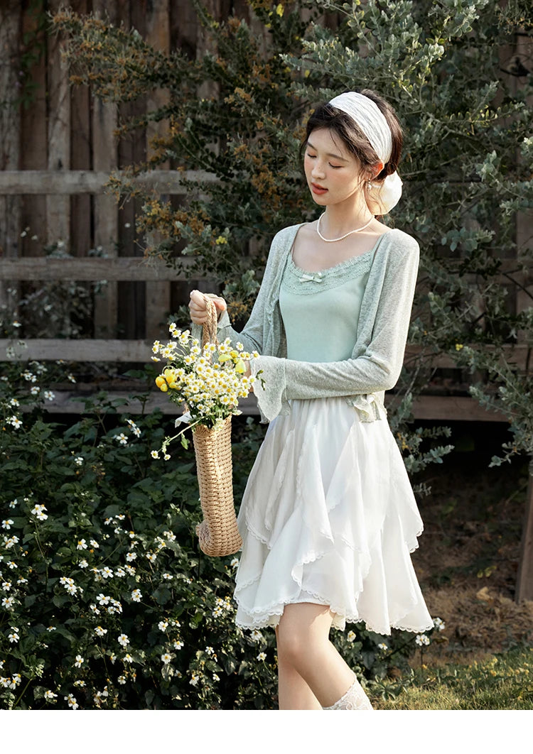 MISHOW Light Green Camisole Knit Cardigan Two-piece Set Spring Summer 2025 Lace Bow Camisole V-neck Cardigan Sets MXE15T0504