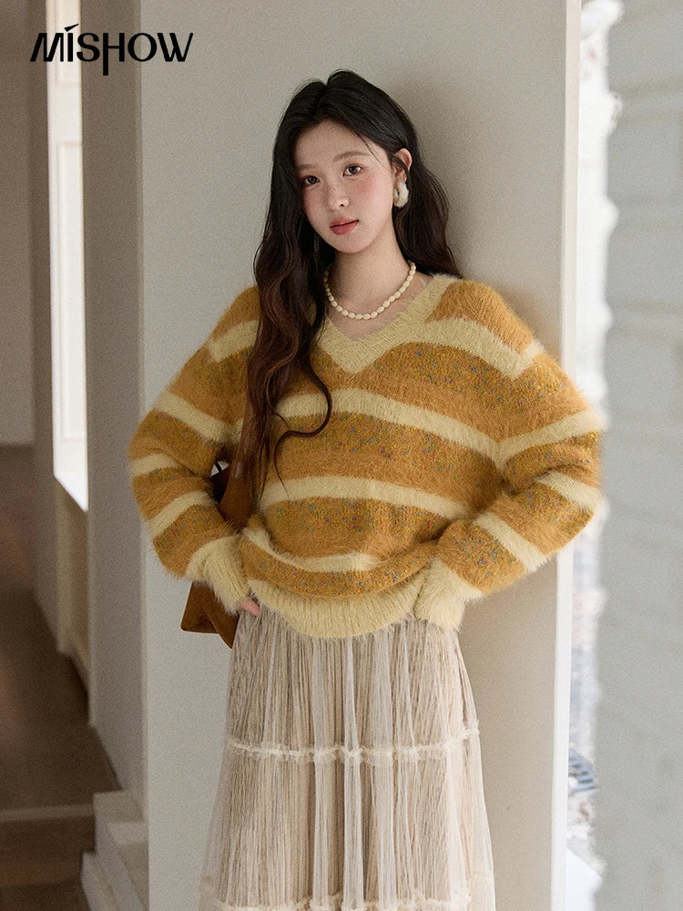 MISHOW Women's V-neck Knit Pullover Retro Yellow Striped Sweater 2025 Casual Faux Mink Jacquard Loose Knit Sweater MXE87Z2766