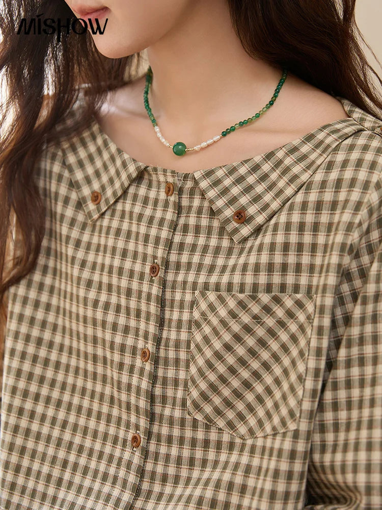 MISHOW Women's Casual Shirts Cotton Autumn Side Slit Pockets Plaid Shirts Commute Elegant Chic Woman Top with Belt MXE44X2469