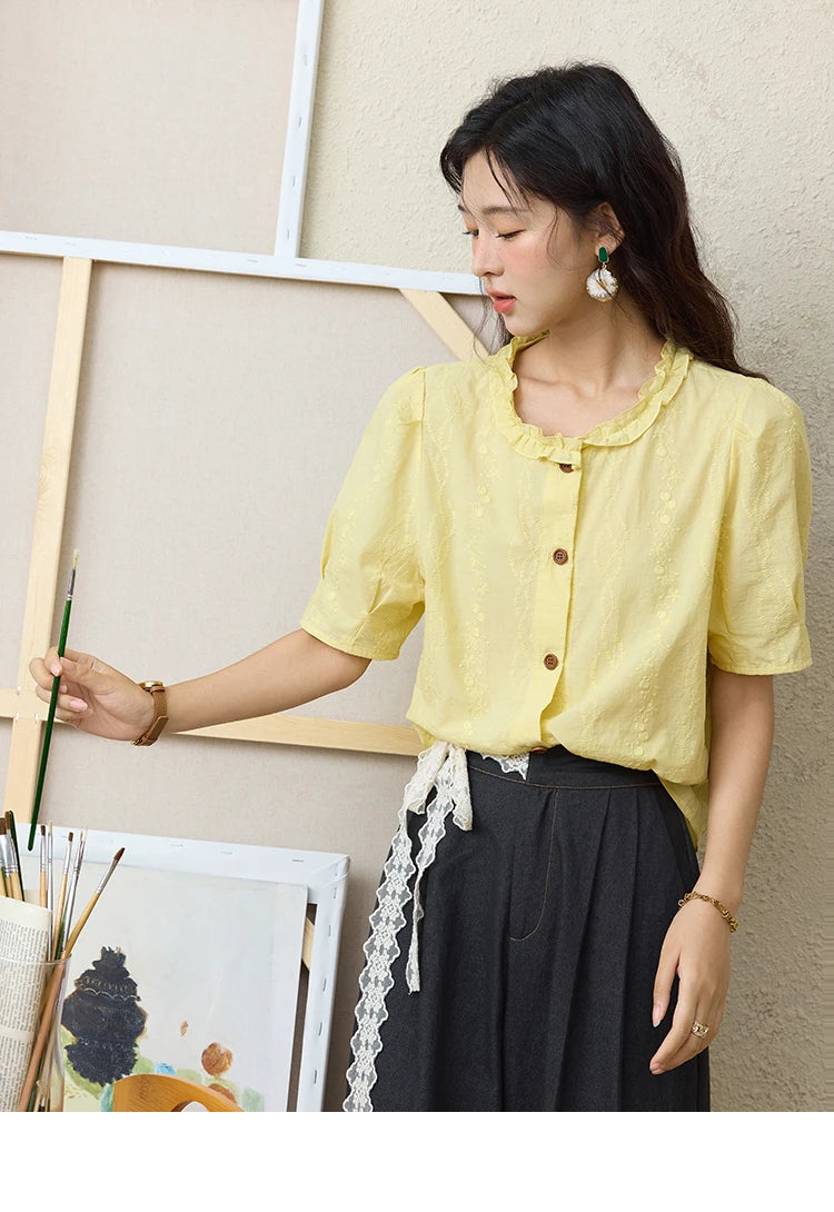 MISHOW 100% Cotton Women's Puff Sleeve Shirt 2025 Summer New Fashion Round Neck Button Top Casual Female Clothing MXE36X1873