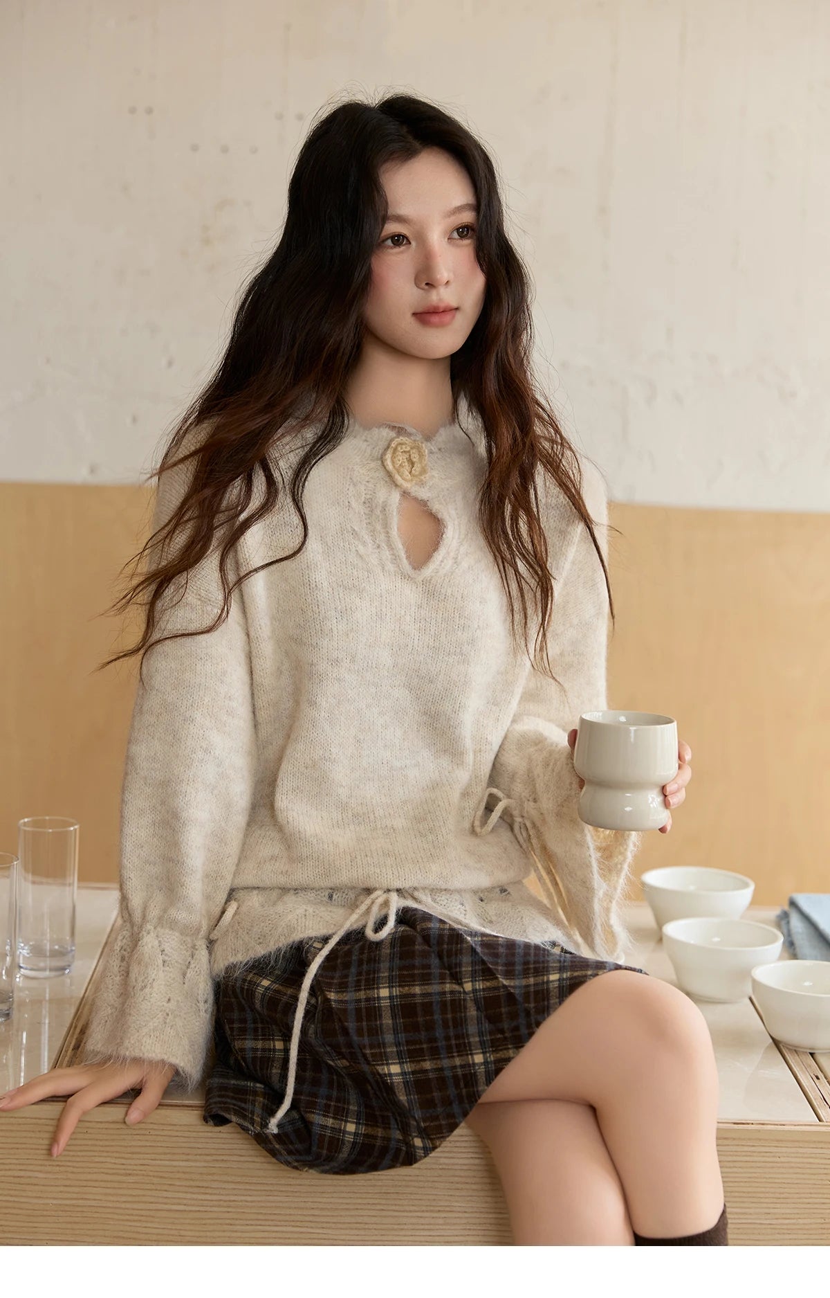 MISHOW Apricot Drawstring Waist Pullovers Women 2025 Winter New Luxury Three-dimensional Flower Hollow Out Sweater MXE88Z2709