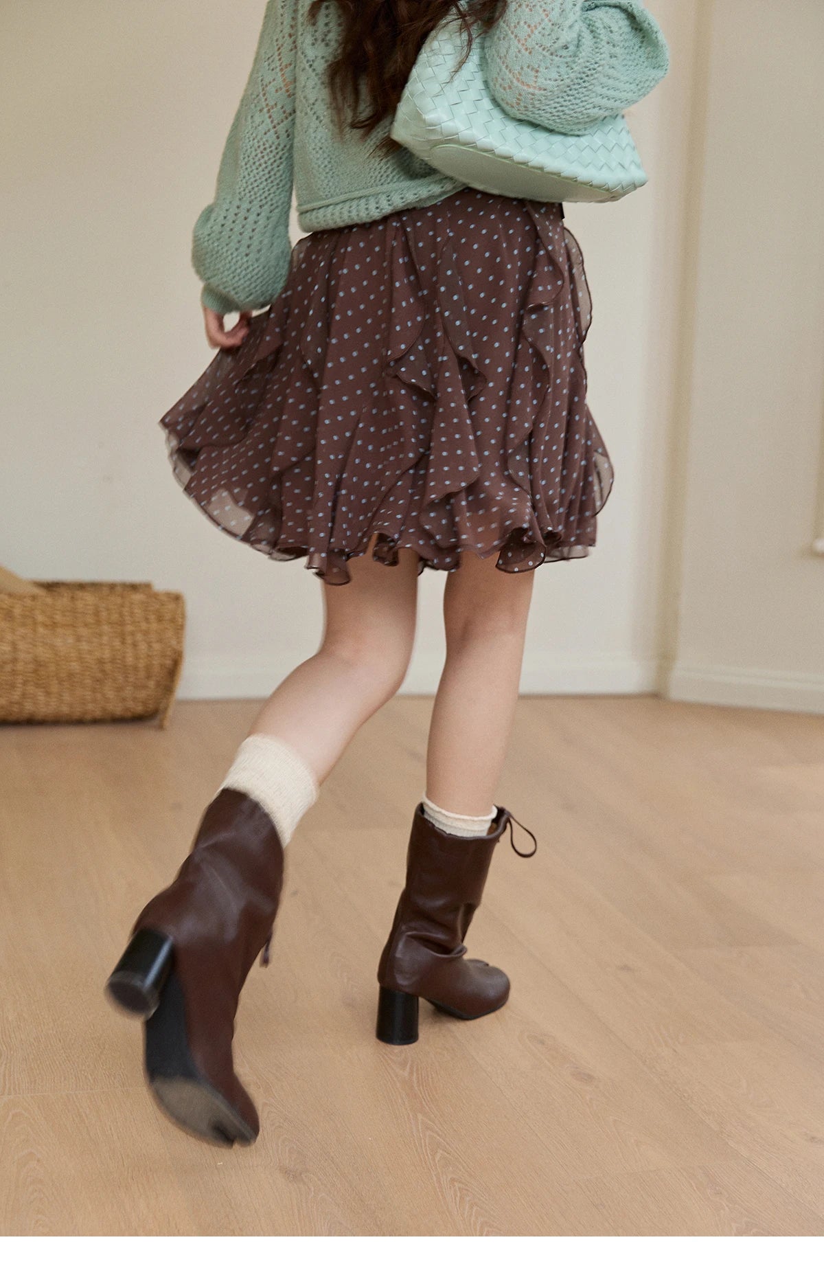 MISHOW Women's Brown Polka Dot Skirt Spring Irregular Ruffled Chiffon Elastic Waist Skirts Casual A-line Mini Skirt MXF13B2476