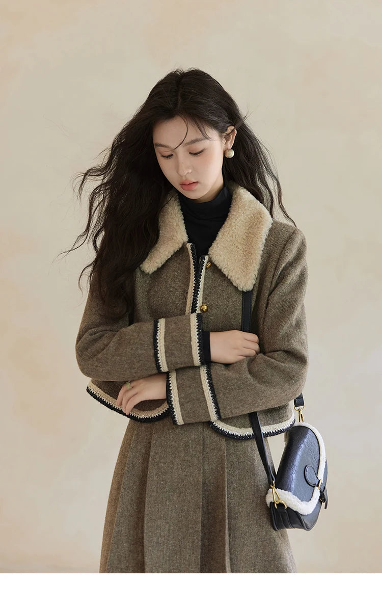MISHOW Vintage Midi Skirts Coat Seprately Women 2024 Winter Turn Down Collar Plaid Tweed Jacket A-Line Pleated Skirt MXD56W0569