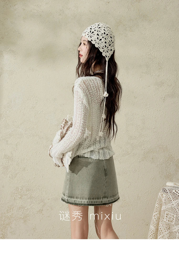 MISHOW Women 's Apricot White Hollow Knitted Sweater Spring 2025 Mohair Cover Drop Sleeve Top Strapless Slim Tube Top MXE12Z1120