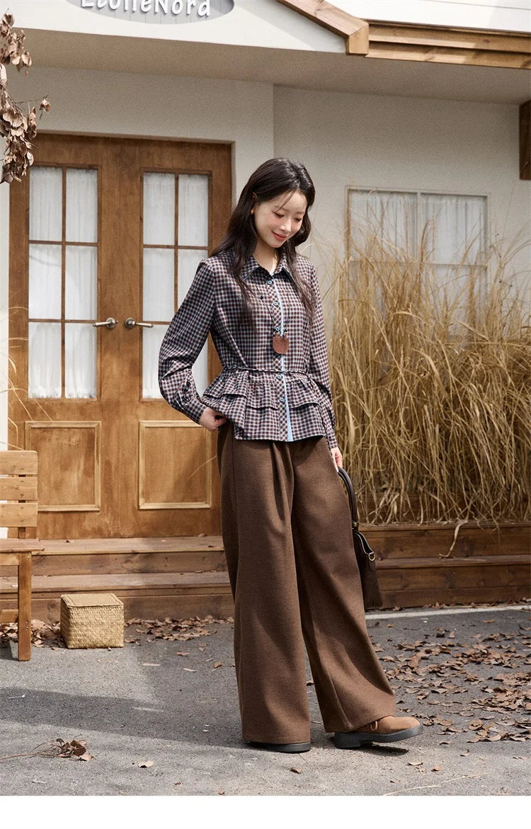 MISHOW Retro Blue Plaid Shirt for Women 2025 Autumn Winter Lapel Lantern Sleeves Ruffled Hem Top Slim Casual Shirt MXE89C2420