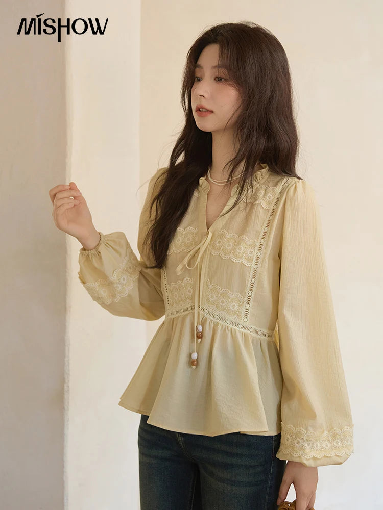 MISHOW French Thin V-neck Blouse 2025 Autumn Lace Patchwork Elastic Cuffs Top Bead Drawstring Lantern Sleeves Blouses MXE41X1925