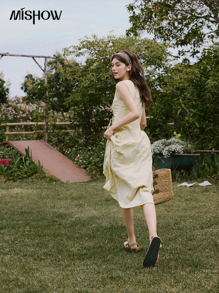 MISHOW Office Lady Summer Dress Women New 2025 Sleeveless Round Neck Drawstring Waist with Pockets Slim Dresses Woman MXE34L2228