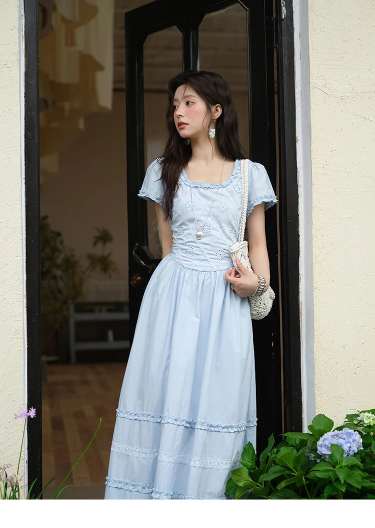 Mishow Blue Lace Mushroom Edge Puff Sleeve Dress MXE38L2348