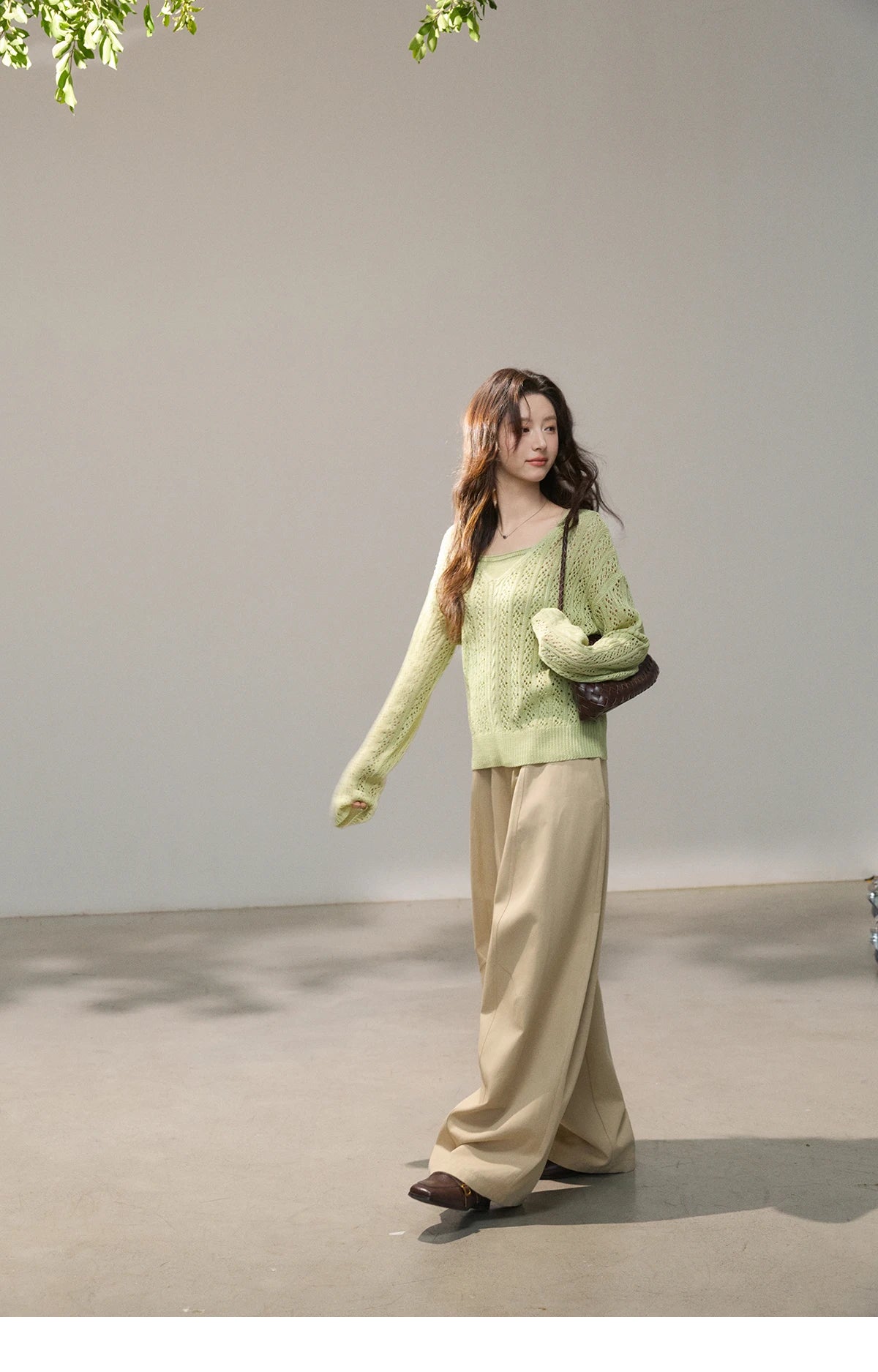 MISHOW Women's Hollow Out Cable Knit Tops with Camisole Two Piece Set Spring Loose Casual Breathable Green Sweater MXF16T1524