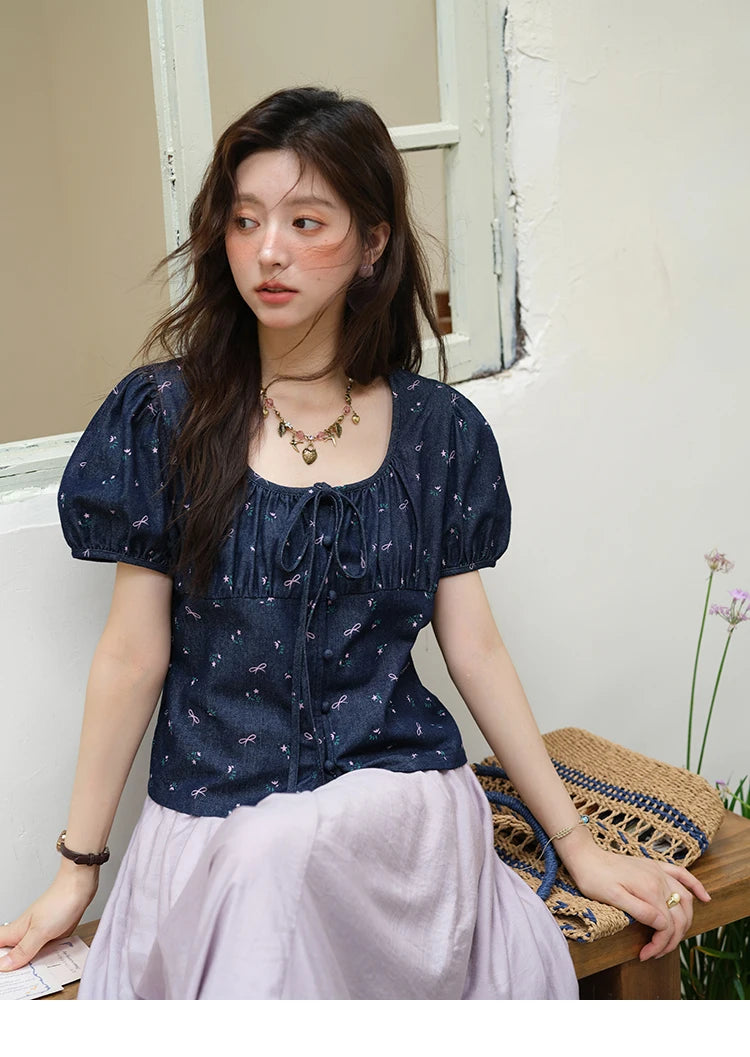 MISHOW Fashion Puff Sleeve Square Neck Blouse for Women 2025 Summer Lace Up Button Print Denim Top Women's Clothing MXE39X1933