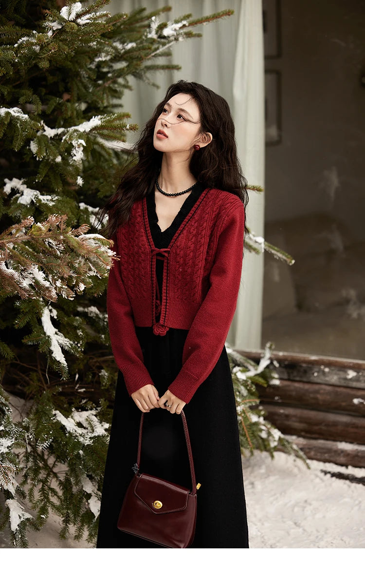 MISHOW Red Knitted Cardigan V-Neck Midi Dresses Separately A-LINE Temperament Grace Dress Flower Lace-up Warm Coat MXD58L2085