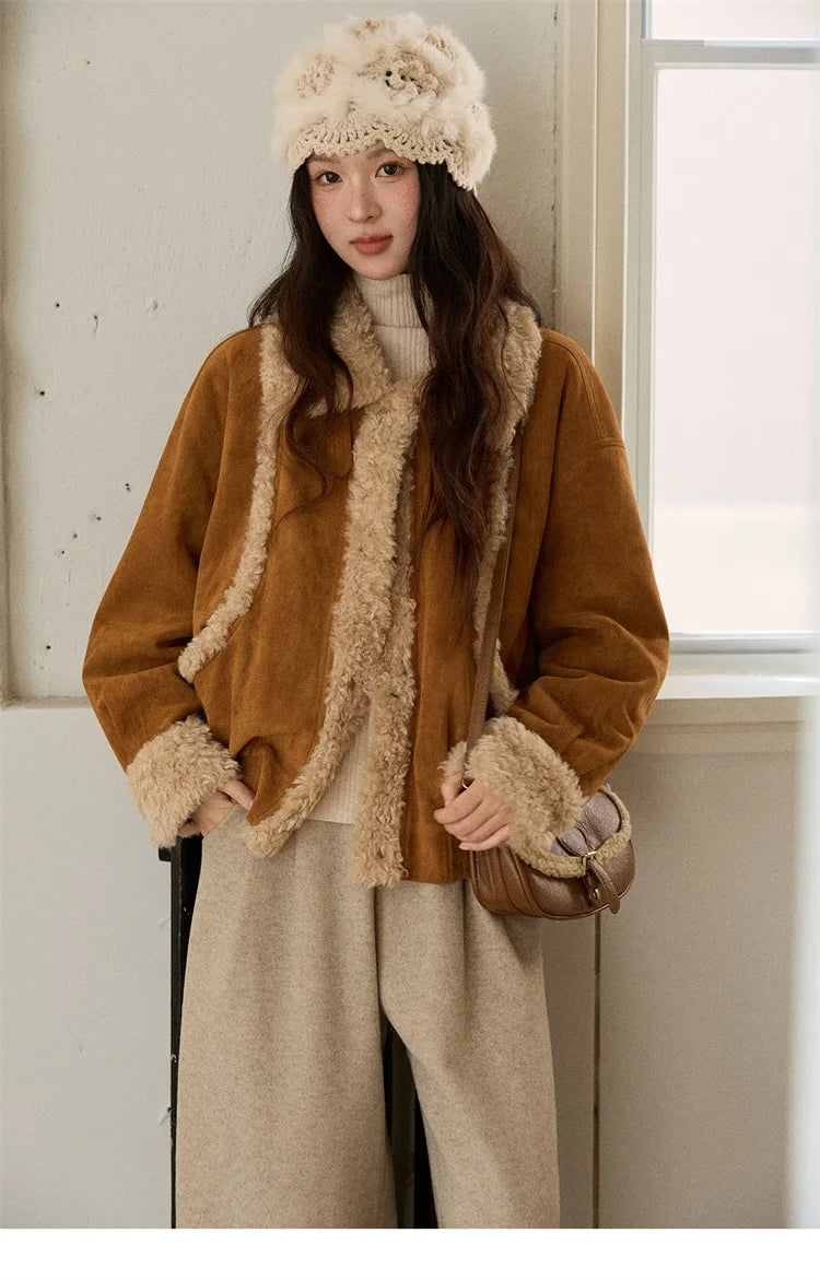 MISHOW Woman Short Jacket 2025 Winter Retro Brown Suede Patchwork Fur Coat Loose Faux Lambswool Turn Down Collar Coat MXE89W0895
