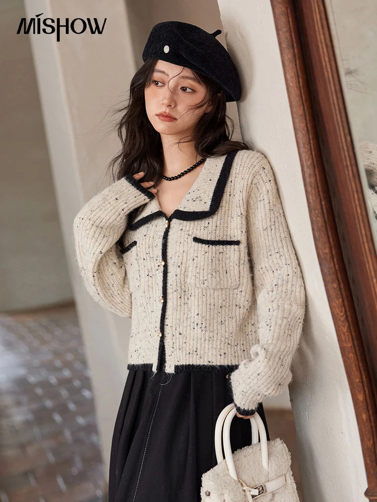 MISHOW Knitted Cardigan Color Clash Sweater Winter New Pockets Design Sweet Romantic Tops Versatile Coat Office Lady MXD55Z1054