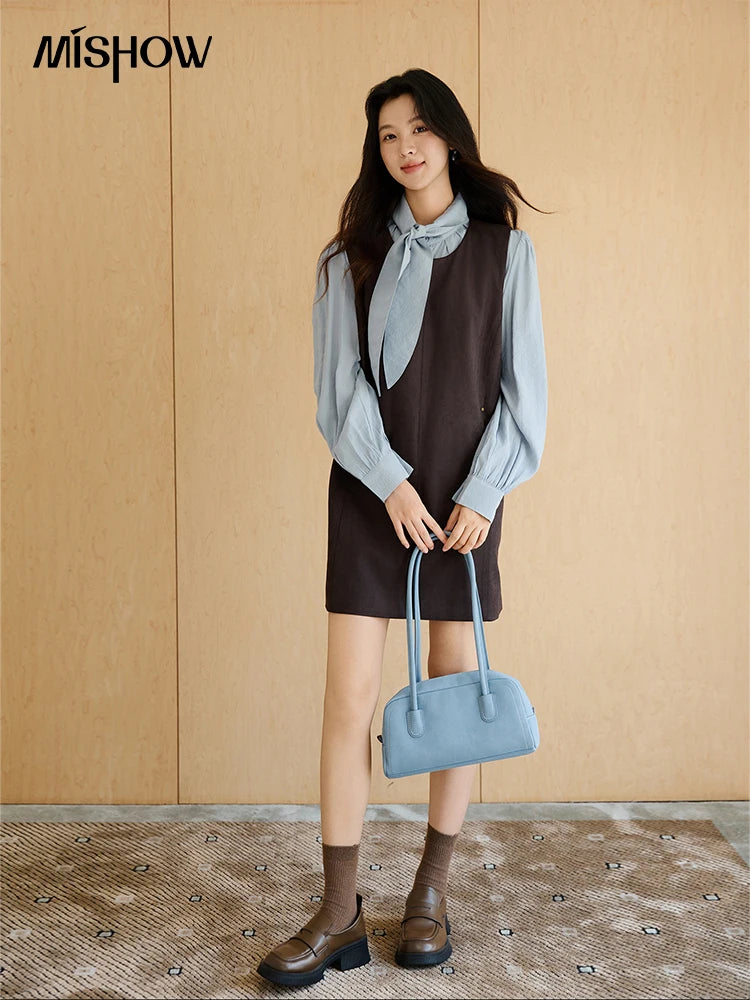 MISHOW Woman Two-piece Set 2025 Autumn College Style Light Blue Shirt Dark Brown Vest Skirt Suit Woman Clothes MXE47T1408