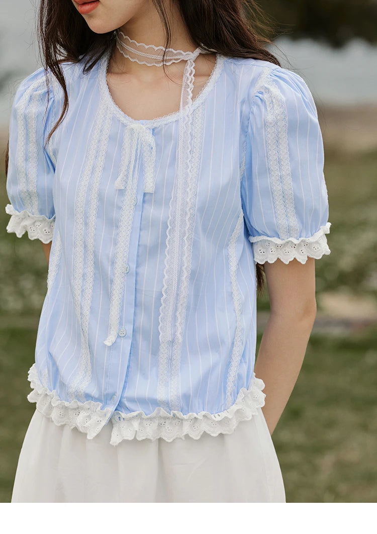 MISHOW French Striped Summer Blouses Women 2025 New Short Puff Sleeve Round Neck Lace Patchwork Shirts Fashion Tops MXE32X1759