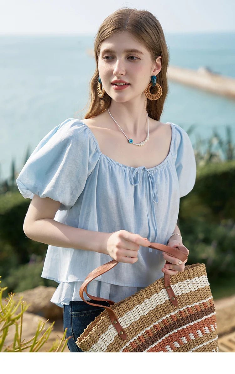 MISHOW French Square Neck Tied Lantern Sleeve Blouses 2025 Summer Double Layered Hem Puff Sleeve Solid Sweet Tops MXD26X1551