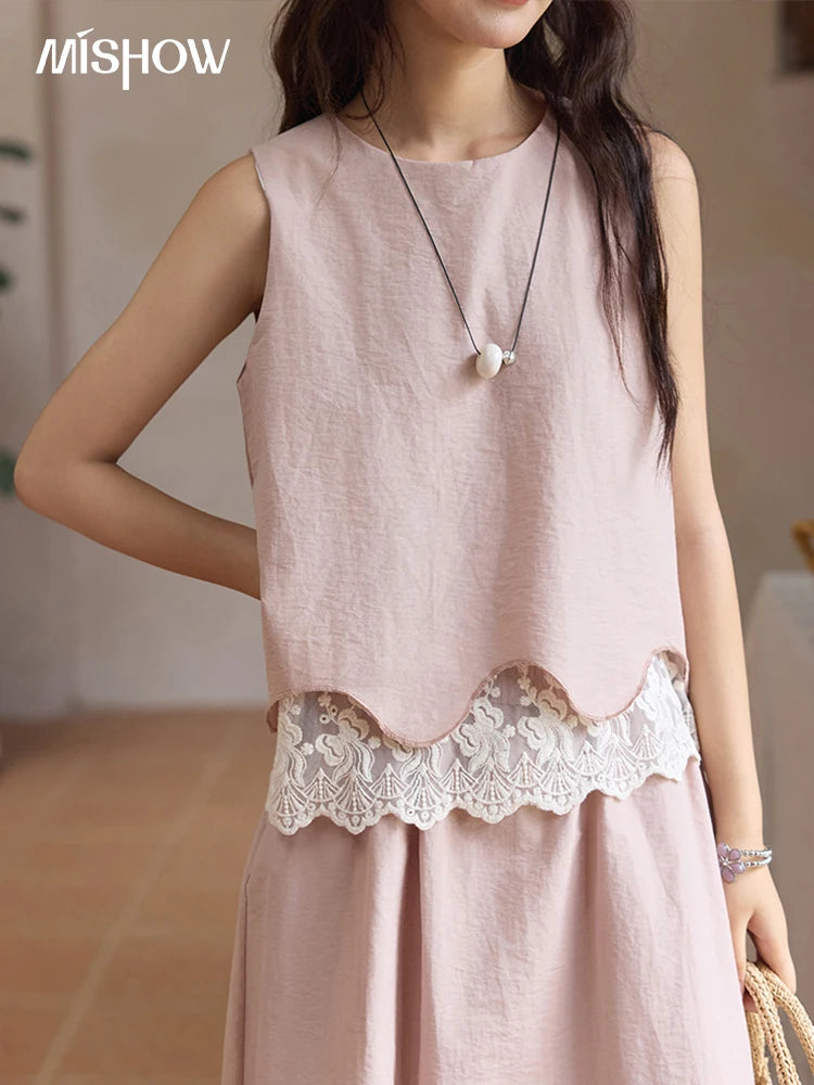 MISHOW Set 2 Piece 2025 Summer Women's O-Neck Lace Patchwork Sleeveless Top Elastic Waist Midi Skirt Elegnat Set MXE36T0641