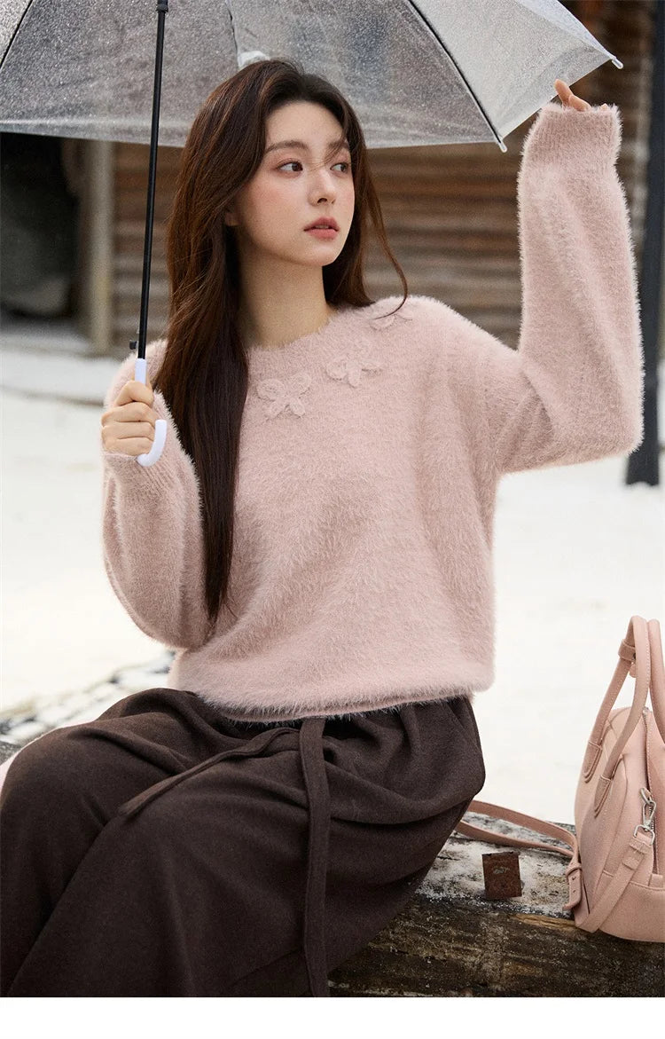 MISHOW Long Sleeve Sweaters 2025 Winter Elegant Loose Handmade Crochet Bowknot Sweater Women's Casual Knitted Top MXE87Z2679