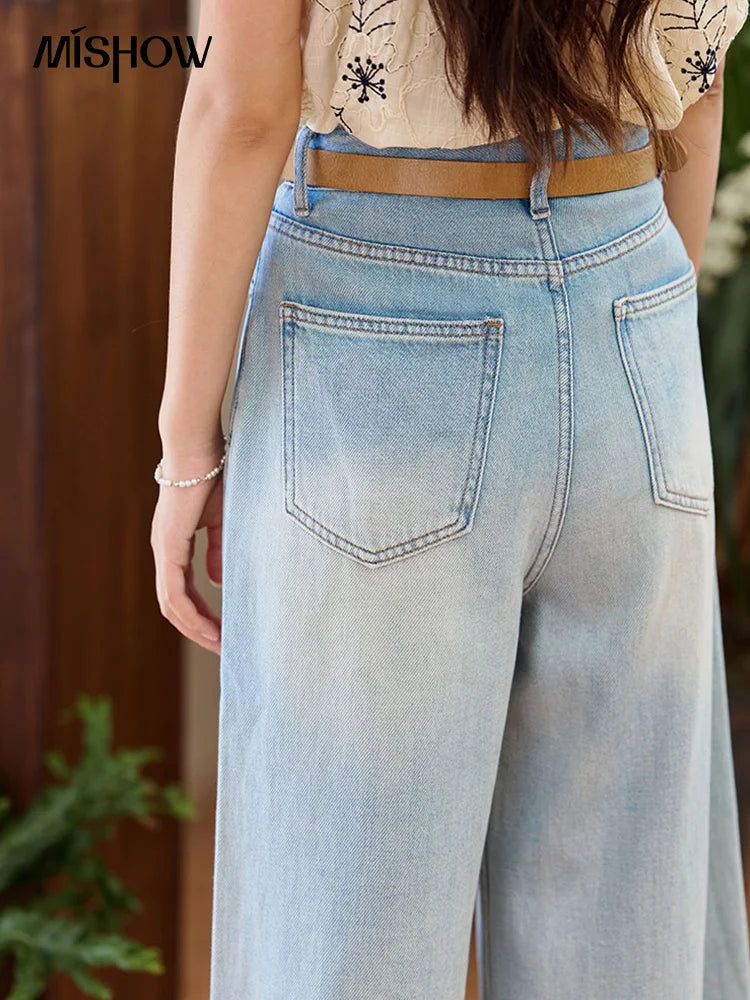 MISHOW Denim Blue Lace Straight Leg Pants for Women Summer 2025 High Waist Trousers 100 Cotton Casual Wide Leg Jeans MXE35K0947