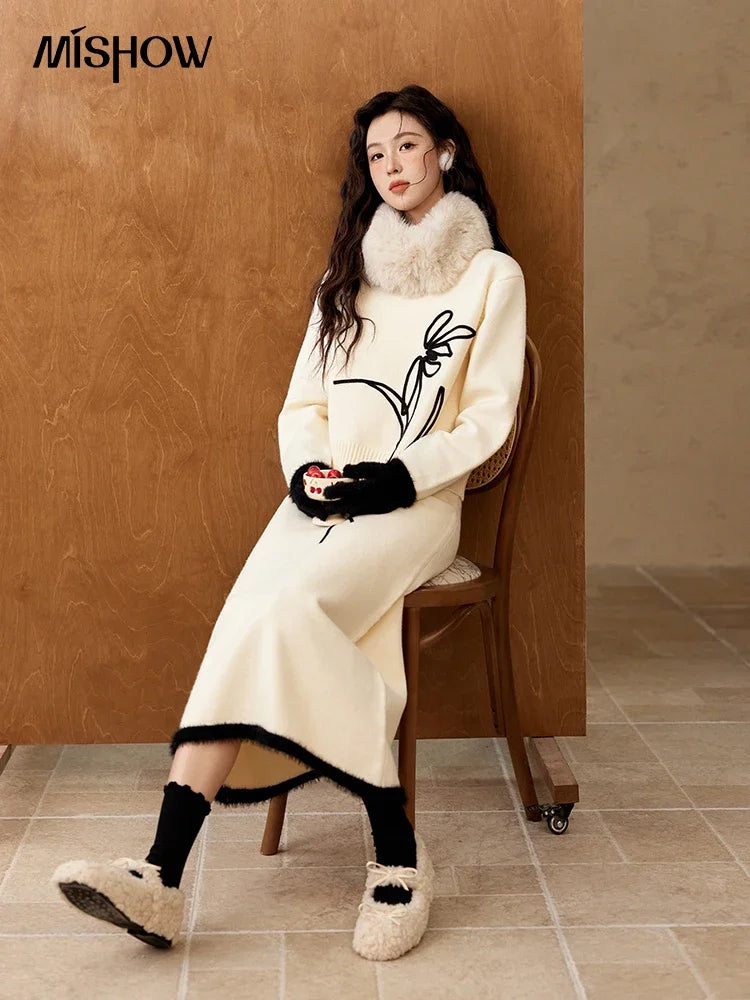 MISHOW French Skirt Sets Embroidery Spliced Contrast Color Two Piece Sets Women High Waist Midi Skirt Knitted Tops MXD57T0463