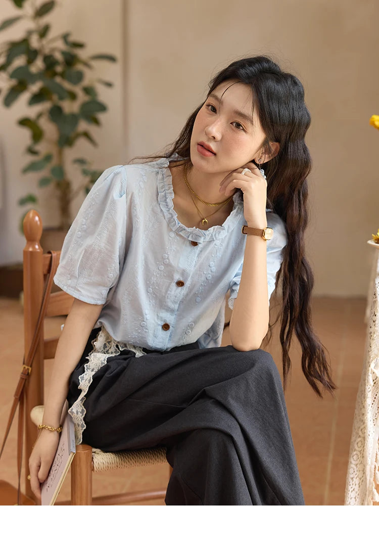 MISHOW 100% Cotton Women's Puff Sleeve Shirt 2025 Summer New Fashion Round Neck Button Top Casual Female Clothing MXE36X1873