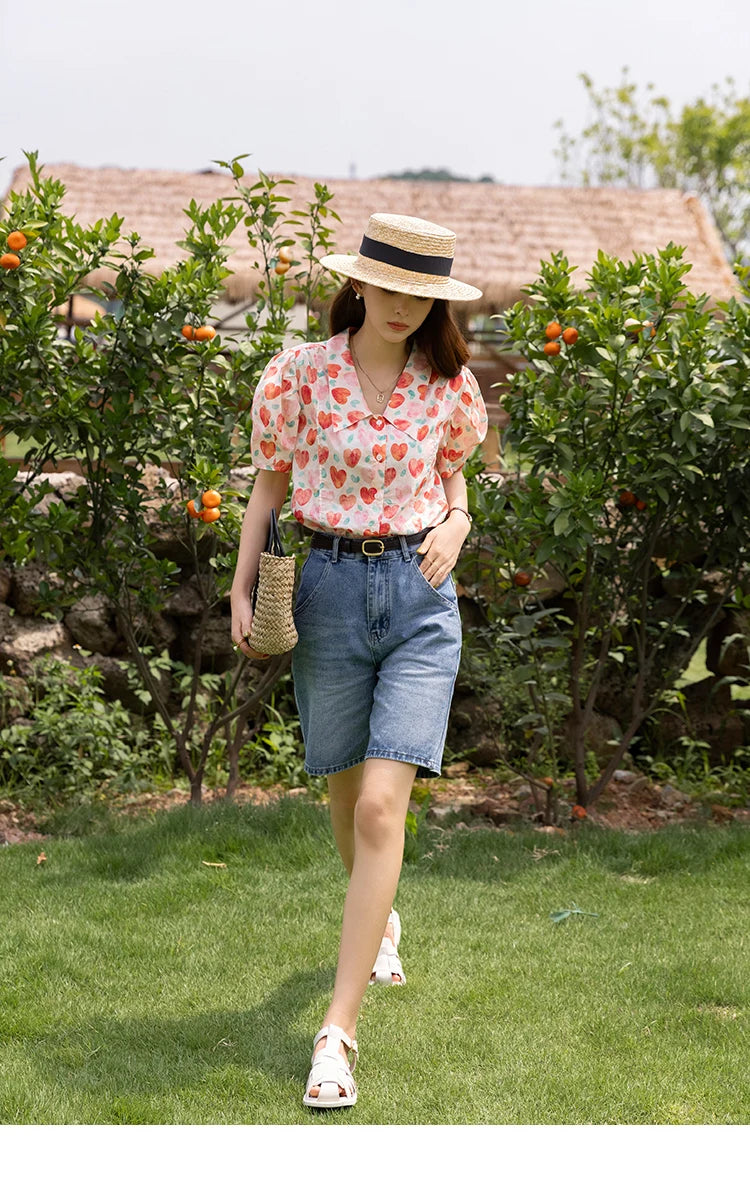 MISHOW Korean Floral Blouse Polo-Neck Puff Sleeve MXB27C0450