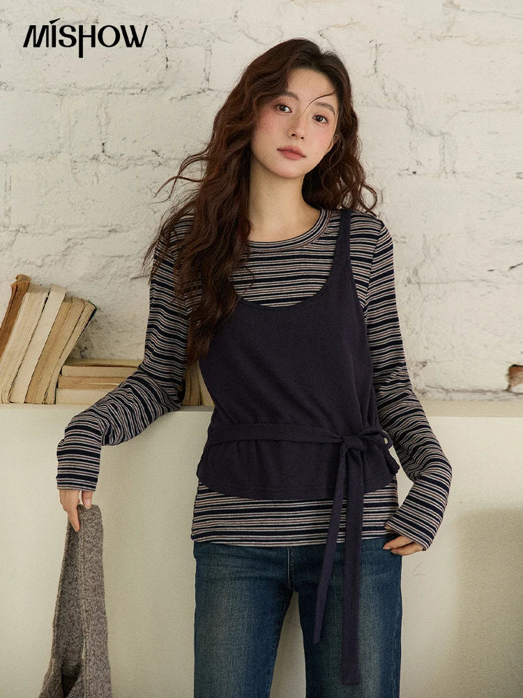 MISHOW Women's Two-Piece Set, 2025 Winter New Retro Casual Round Neck Long Sleeve Striped Top with Tie-Waist Camisole MXE87T1430