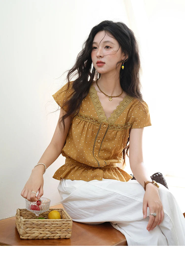 MISHOW Women's V-neck Lace Splicing Blouse 2025 Summer New Ladies Fashion Polka Dot Hollow Ruffle Button Female Top MXE38X1847