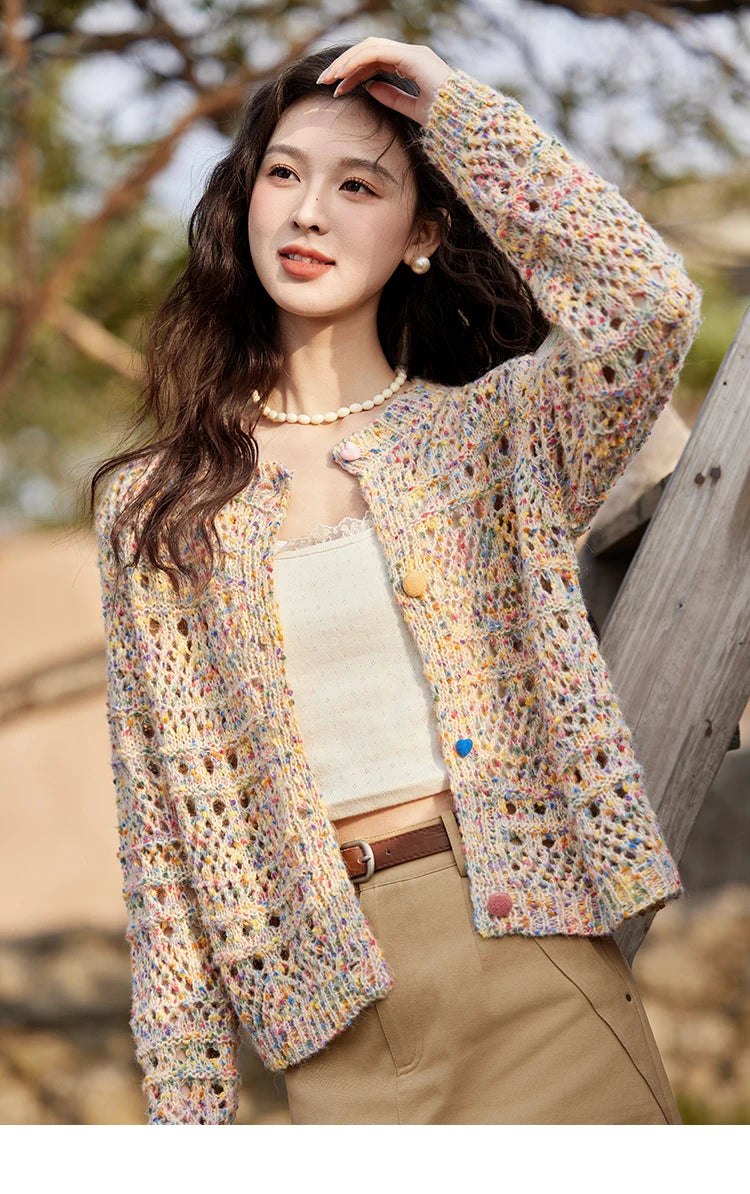 MISHOW Women's Sweet Woven Hollow Knitted Cardigan 2025 Spring Rainbow Button Single Breasted Top O-neck Cardigan MXE13Z1110