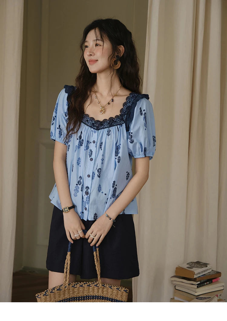 MISHOW Fashion Print Cotton Shirt for Women 2025 Summer New Puff Sleeve Lace Splicing Retro Blue Casual Button Top MXE35X1842