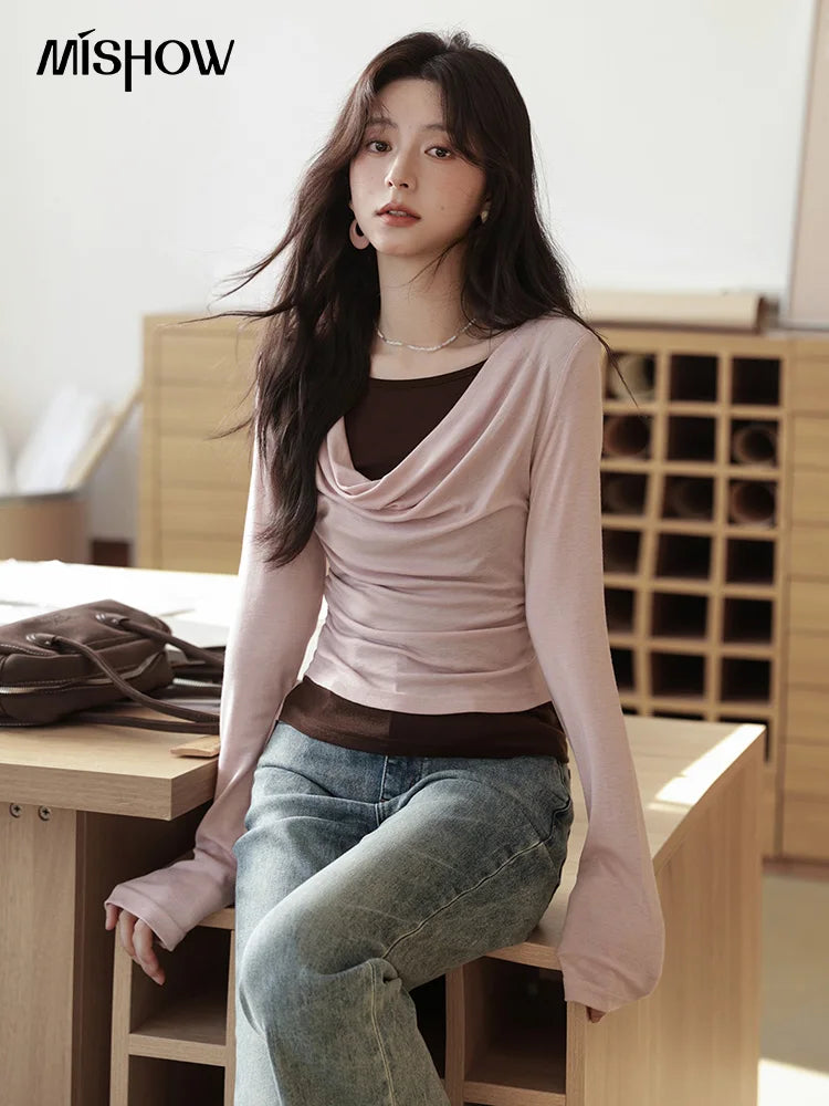 MISHOW Multi Colored Fake Two-piece Knitted Sweater 2025 Autumn Swinging Collar Casual Tops Contrasting Waist Top MXE42Z1341