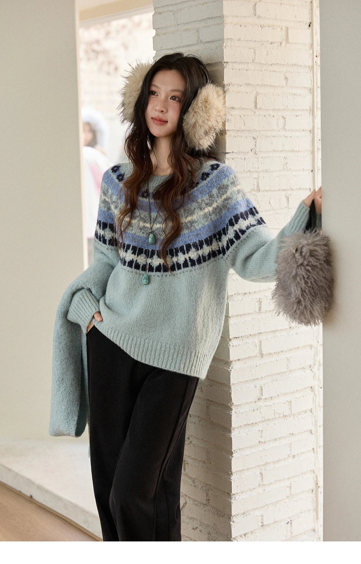 MISHOW Women's Blue Fair Isle Sweater 2025 Winter Geometric Jacquard Loose Retro Wool Blend Knit Pullovers Sweaters MXE87Z2767