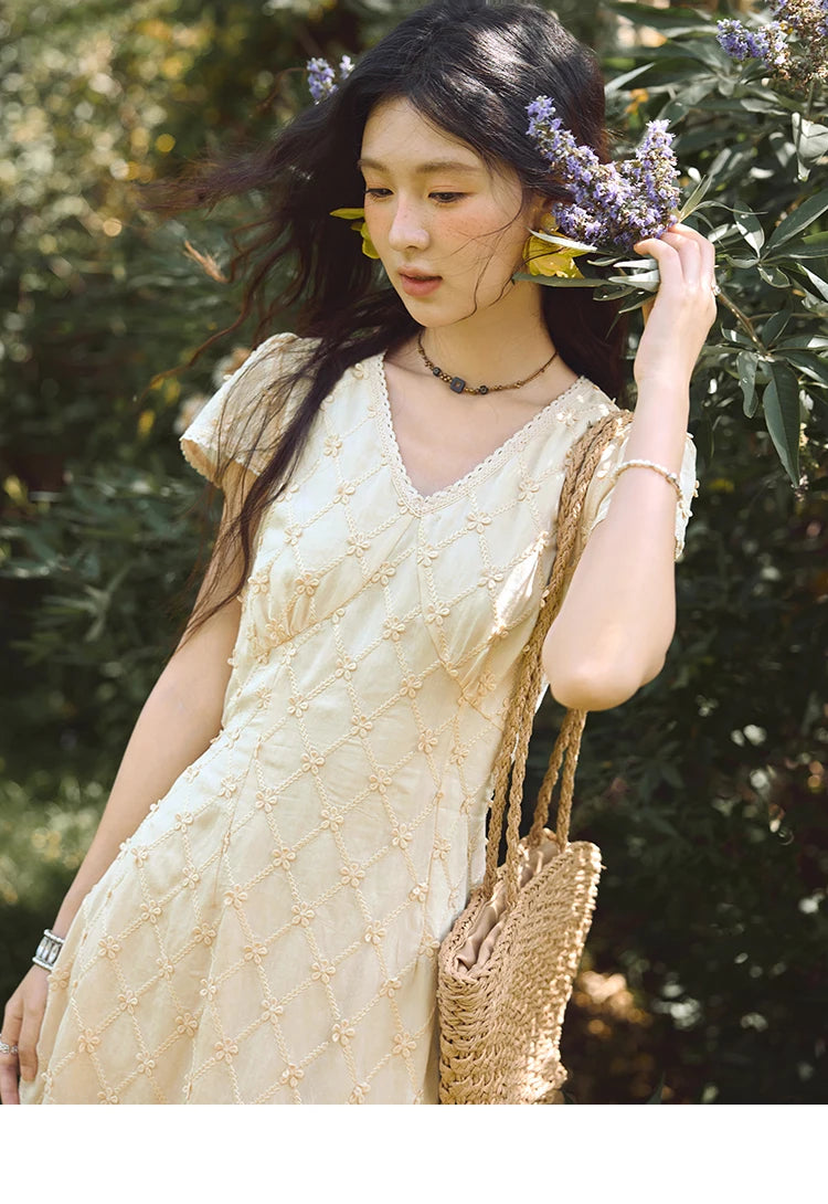 MISHOW Women's V-neck Lace Spliced Dress 2025 Summer New Embroidery Vacation French Style Jacquard Mid-Length Dresses MXE38L2378