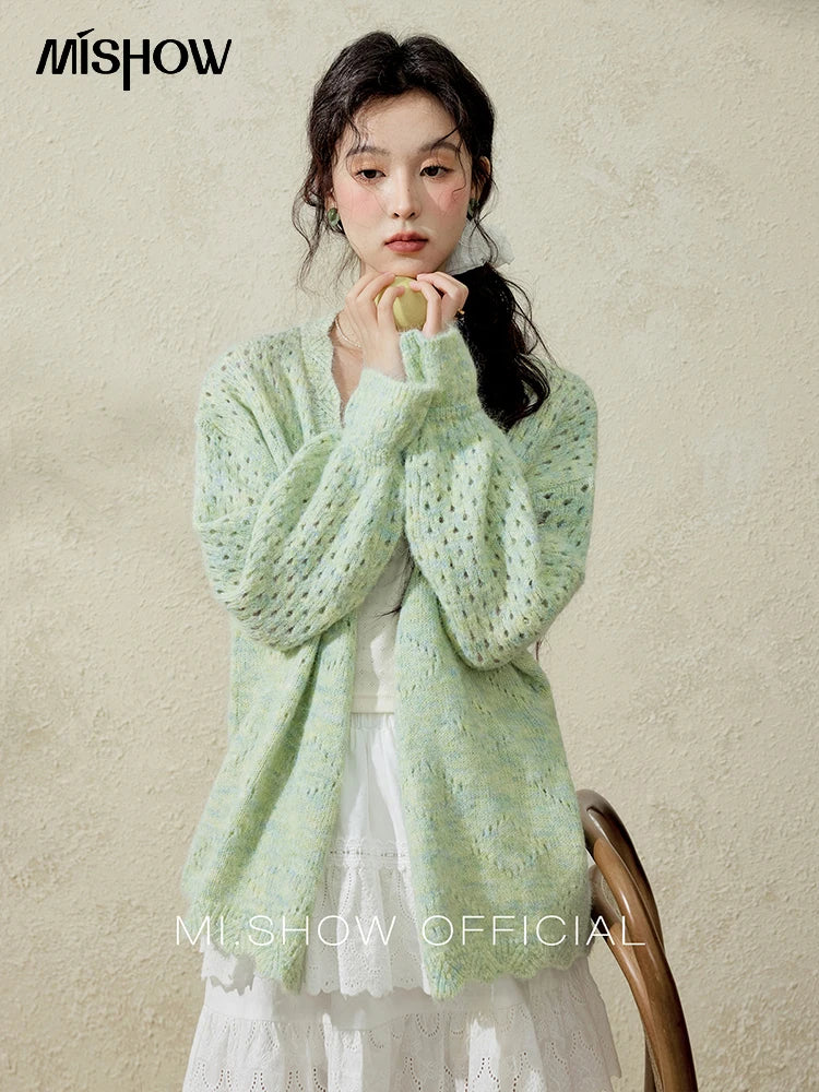 MISHOW Green Knitted Cardigan for Women Spring 2025 Loose Hollow Out Wave Neck Commuting Slim Open Stitch Cardigan MXE12Z1212