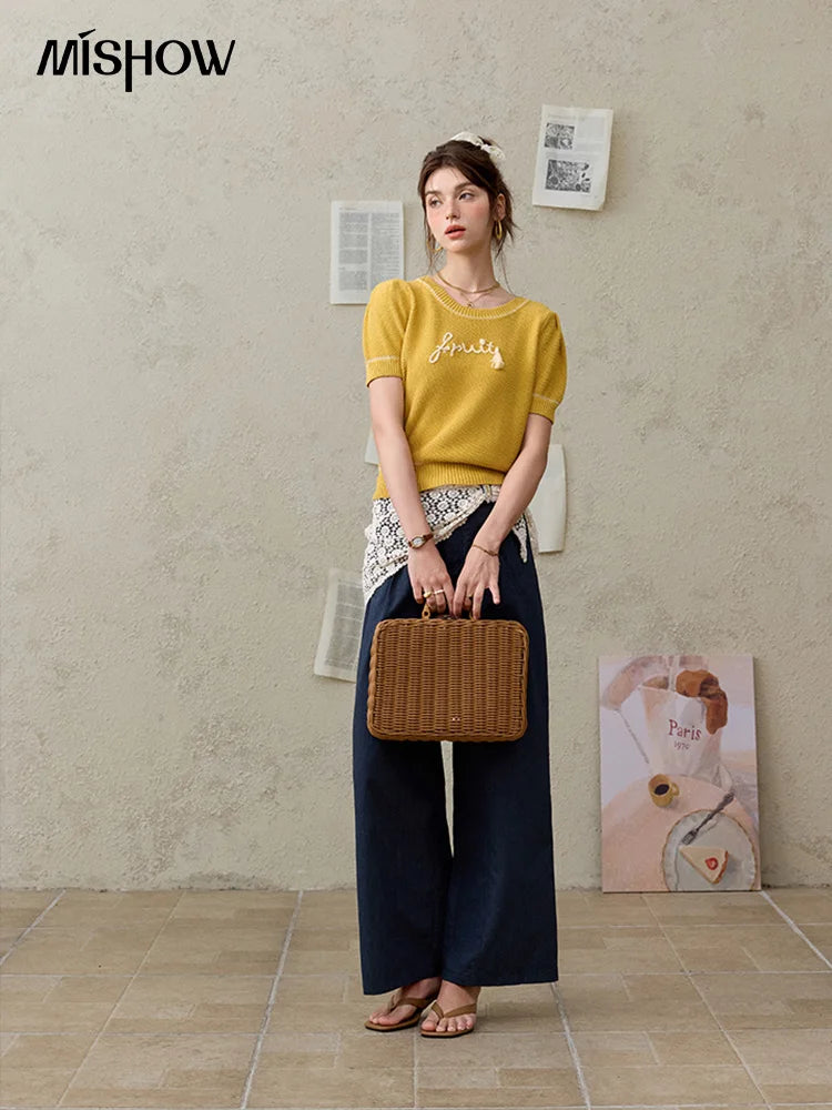 MISHOW Office Lady Summer Pants Women New 2025 Retro Dark Blue High Waist Wide-leg Pants Female Slimming Straight MXE31K0902