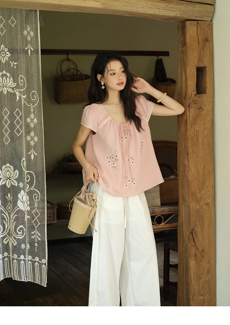 MISHOW Fashion Embroidery Flower Blouses for Woman 2025 Summer O-Neck Lace Up Flying Sleeve Lace Spliced Loose Top MXE39X1880