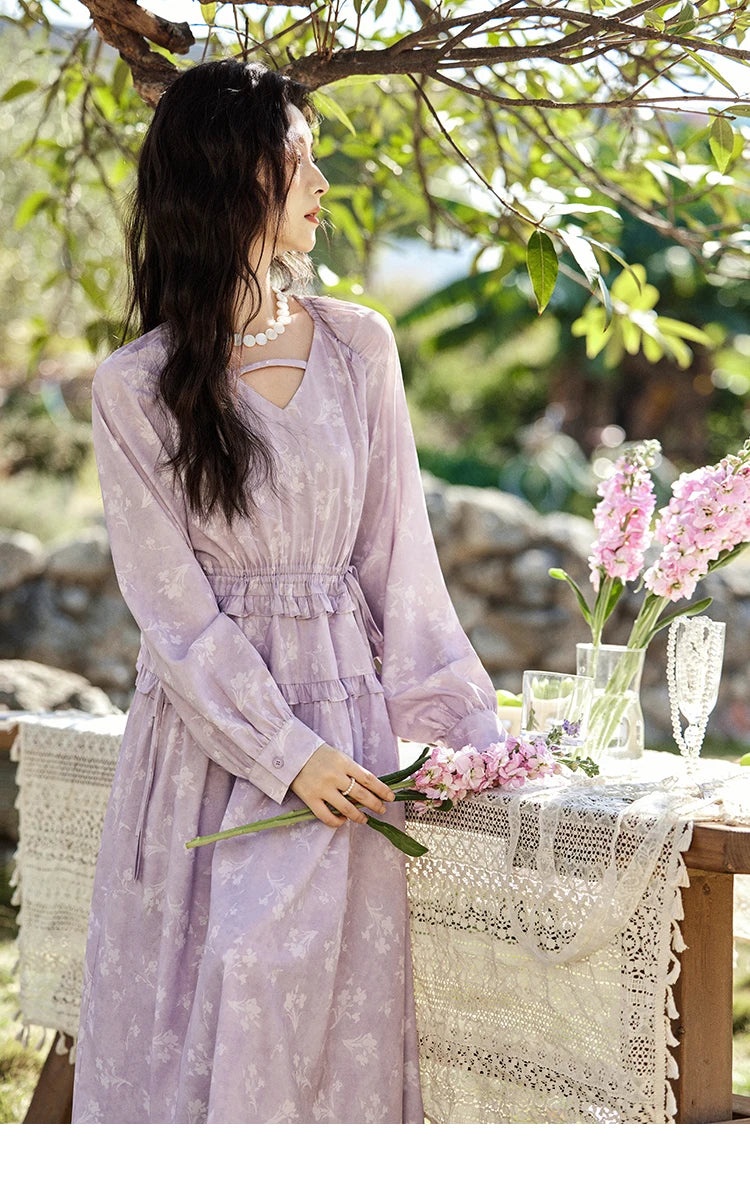 MISHOW Elegant Black Fungus Edge Dress for Women Spring 2025 Floral Lace-up Waist Dresses Long Sleeved Cake Dress MXE13L2101