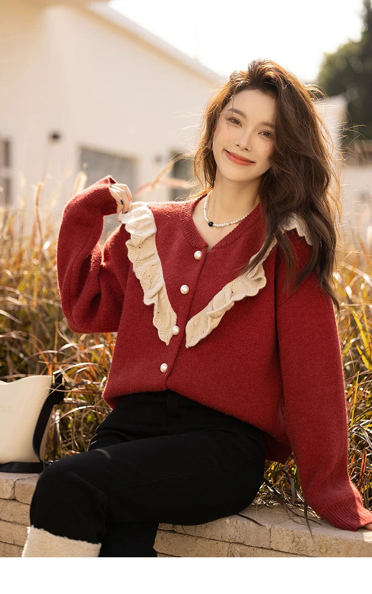 MISHOW Sweater Cardigan for Women Korean Fashion Ruffle Knitwears Autumn Winter Single Breasted Knitted Tops Jumpers MXB46Z1111