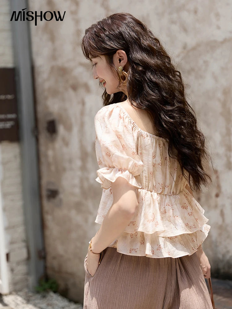 MISHOW French Floral Print Square Neck Shirt for Women 2025 Summer Bubble Sleeve Patchwork Double-layer Ruffle Tops MXD30X1565