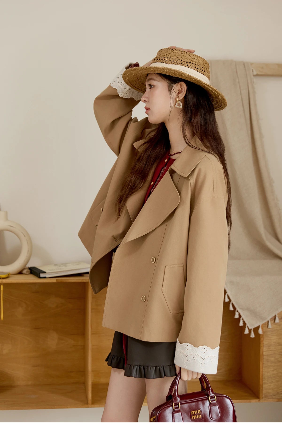 MISHOW Coats for Elegant Women Cotton 2025 Autumn Khaki Ruffled Cuff Splicing Lace Short Trench Coat Casual Jacket MXE45W0831